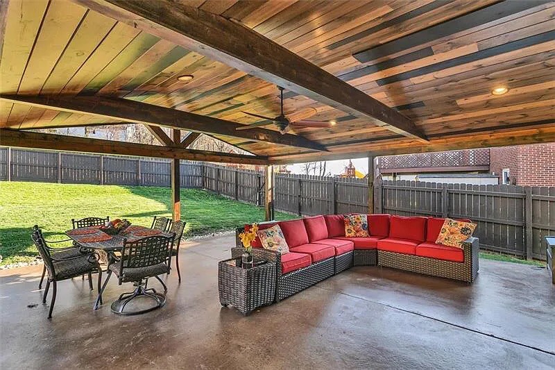 Copy of Copy of Vaulted gable ceiling with mixed pattern stain and faux beams